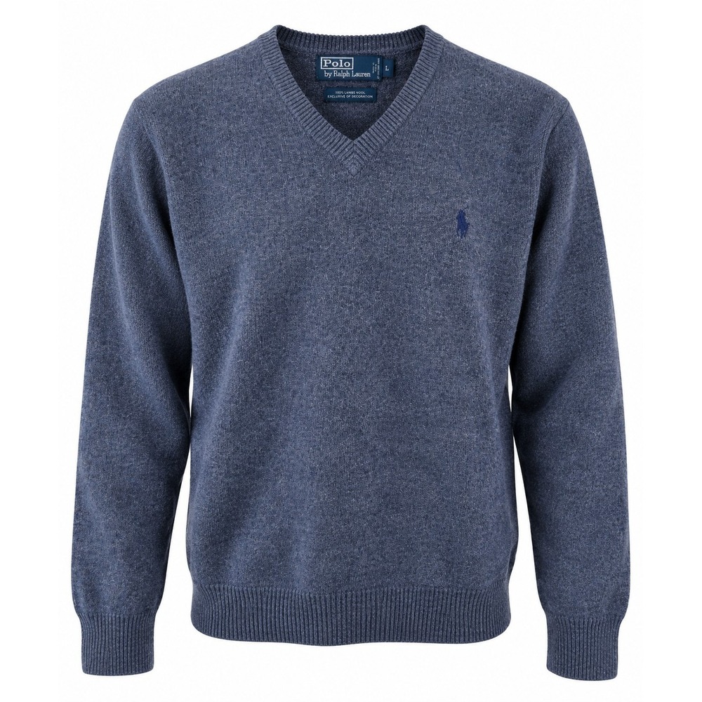 Polo Ralph Lauren Mens L 100% Lambswool V Neck Sweater Blue Gray Pony Logo